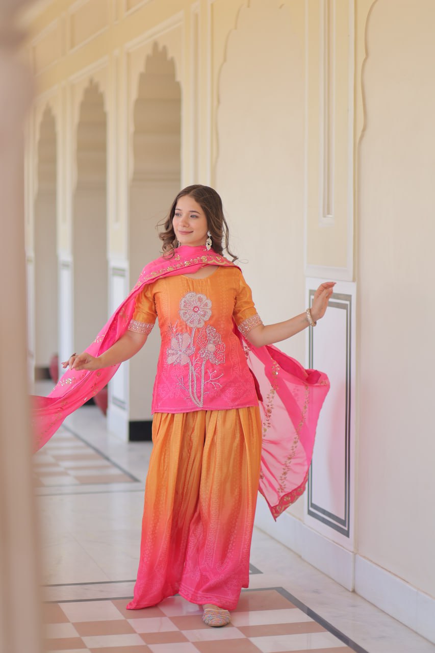 Pink Chinnon Print Kurti Set with Rich Beads Embroidery & Tebby Silk Dupatta – 3-Piece Ethnic Wear for Women ClothsVilla
