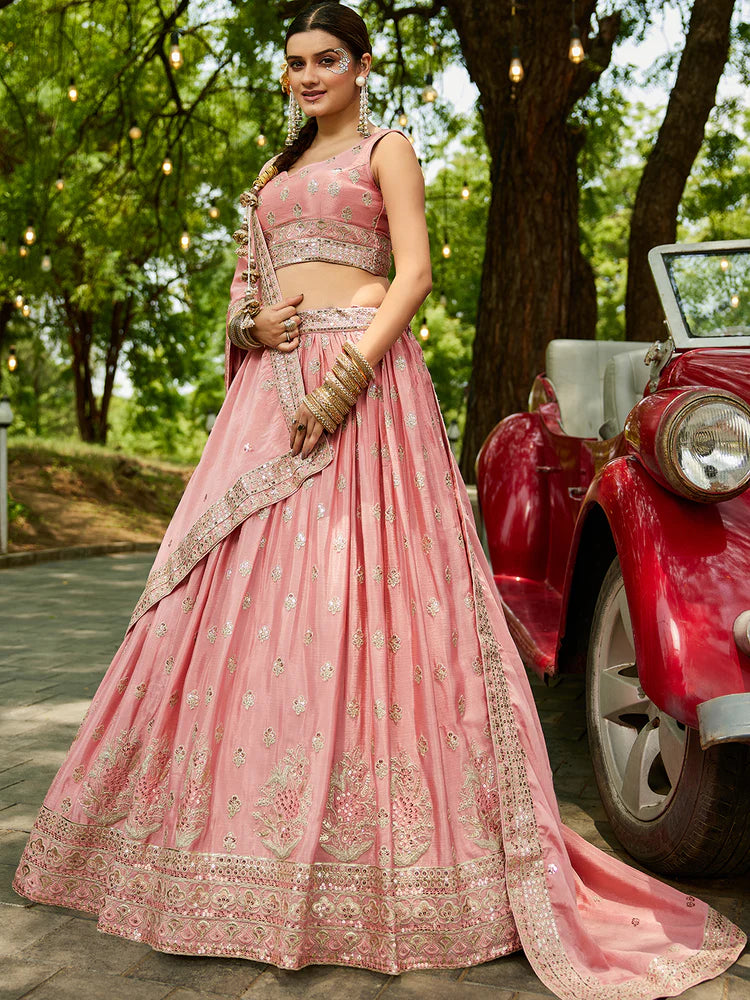 Pink Chinnon Semi-Stitched Lehenga Choli Set with Heavy Sequins & Embroidered Dupatta ClothsVilla