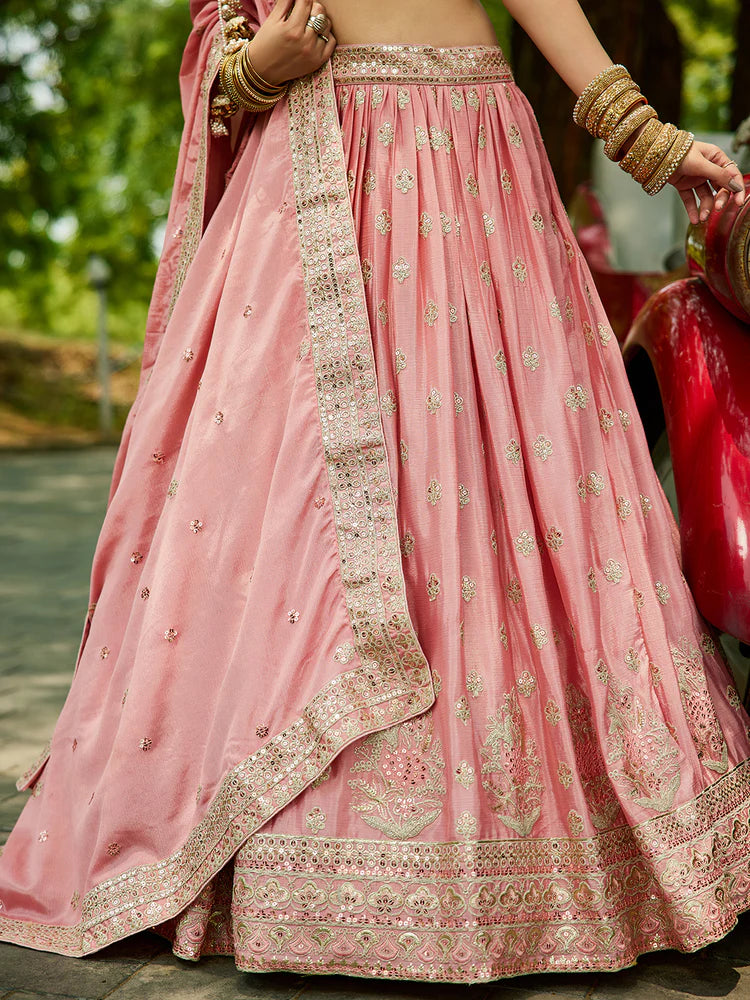 Pink Chinnon Semi-Stitched Lehenga Choli Set with Heavy Sequins & Embroidered Dupatta ClothsVilla