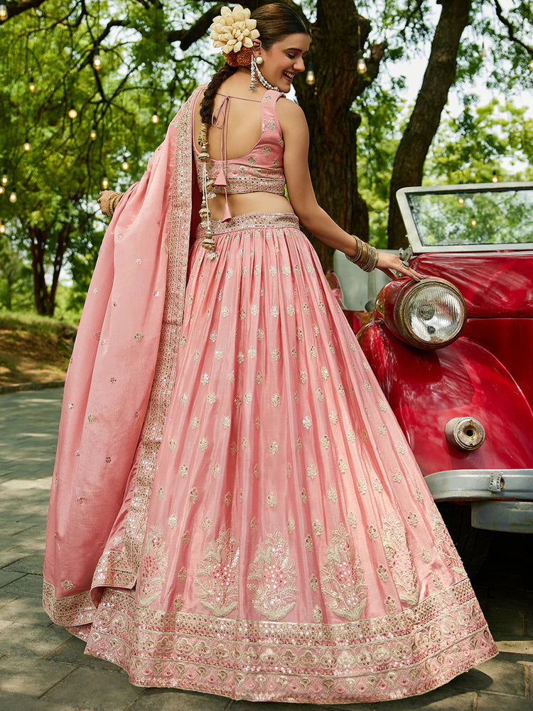 Pink Chinnon Semi-Stitched Lehenga Choli Set with Heavy Sequins & Embroidered Dupatta ClothsVilla