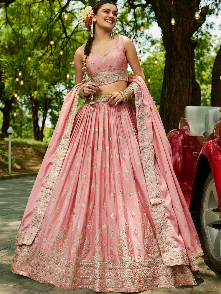 Pink Chinnon Semi-Stitched Lehenga Choli Set with Heavy Sequins & Embroidered Dupatta ClothsVilla