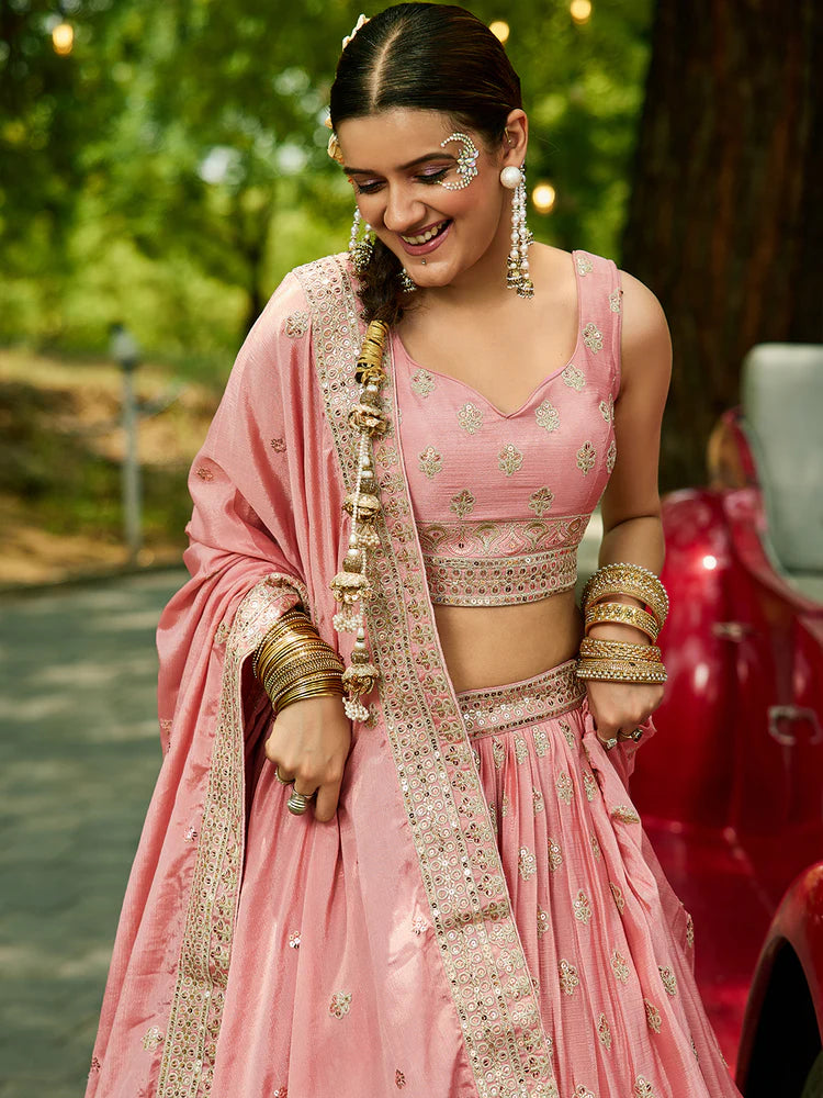 Pink Chinnon Semi-Stitched Lehenga Choli Set with Heavy Sequins & Embroidered Dupatta ClothsVilla