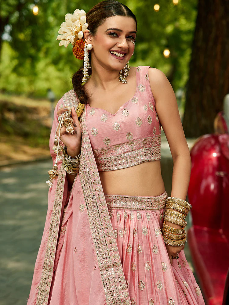 Pink Chinnon Semi-Stitched Lehenga Choli Set with Heavy Sequins & Embroidered Dupatta ClothsVilla