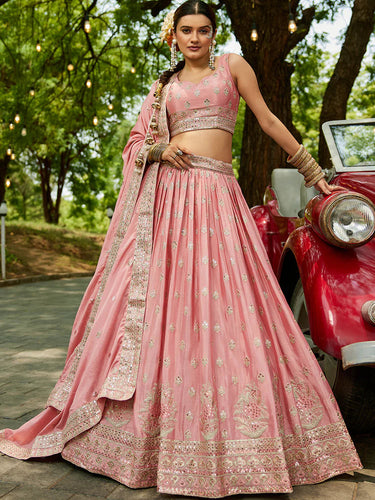 Pink Chinnon Semi-Stitched Lehenga Choli Set with Heavy Sequins & Embroidered Dupatta ClothsVilla