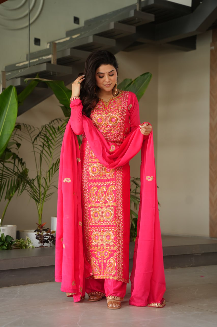 Pink Chinnon Silk Embroidered Top Pant Set ClothsVilla