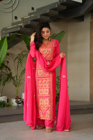 Pink Chinnon Silk Embroidered Top Pant Set ClothsVilla