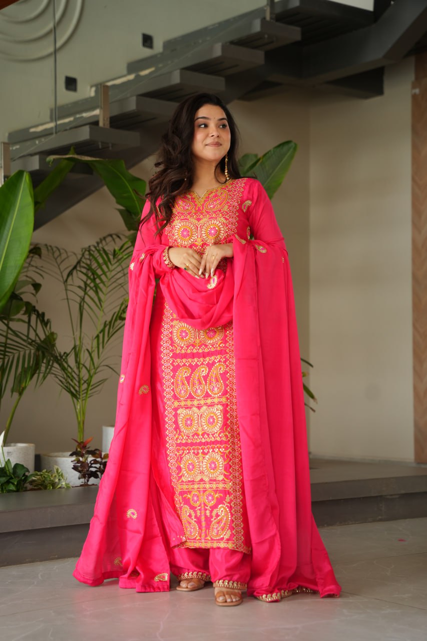 Pink Chinnon Silk Embroidered Top Pant Set ClothsVilla Main image
