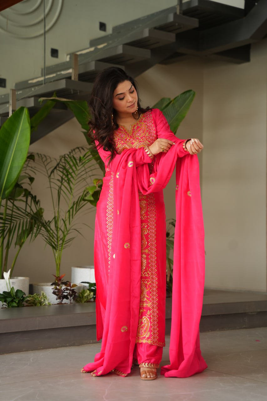 Pink Chinnon Silk Embroidered Top Pant Set ClothsVilla