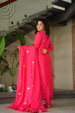 Pink Chinnon Silk Embroidered Top Pant Set ClothsVilla