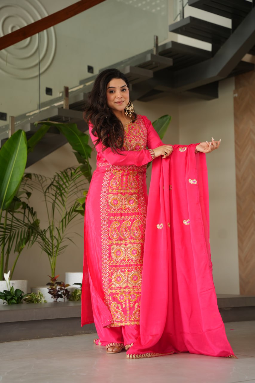 Pink Chinnon Silk Embroidered Top Pant Set ClothsVilla