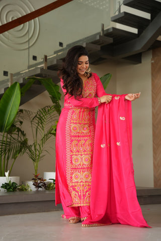 Pink Chinnon Silk Embroidered Top Pant Set ClothsVilla