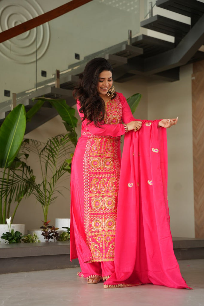 Pink Chinnon Silk Embroidered Top Pant Set ClothsVilla