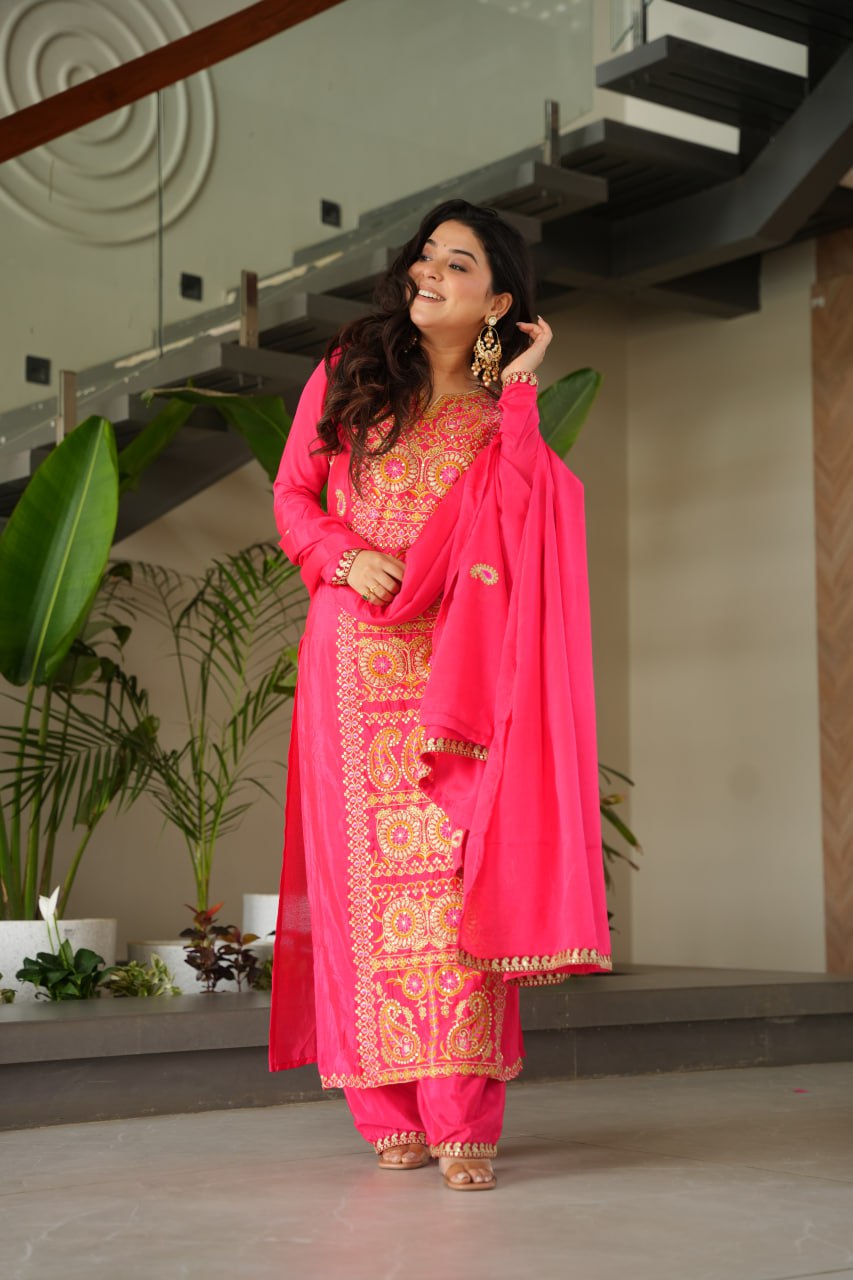 Pink Chinnon Silk Embroidered Top Pant Set ClothsVilla