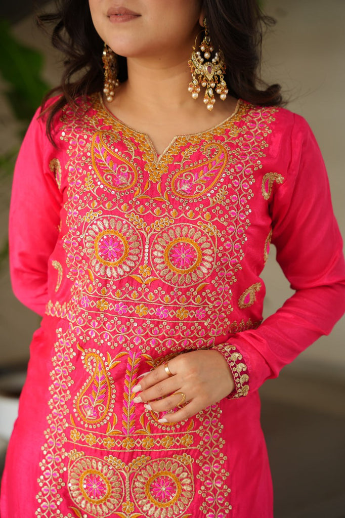 Pink Chinnon Silk Embroidered Top Pant Set ClothsVilla