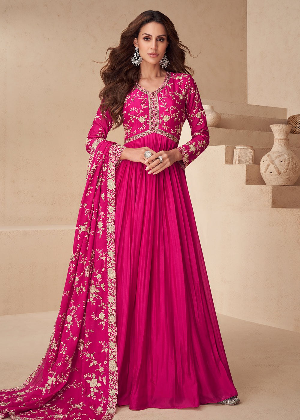 Pink Chinon Embroidered Gown ClothsVilla Main image