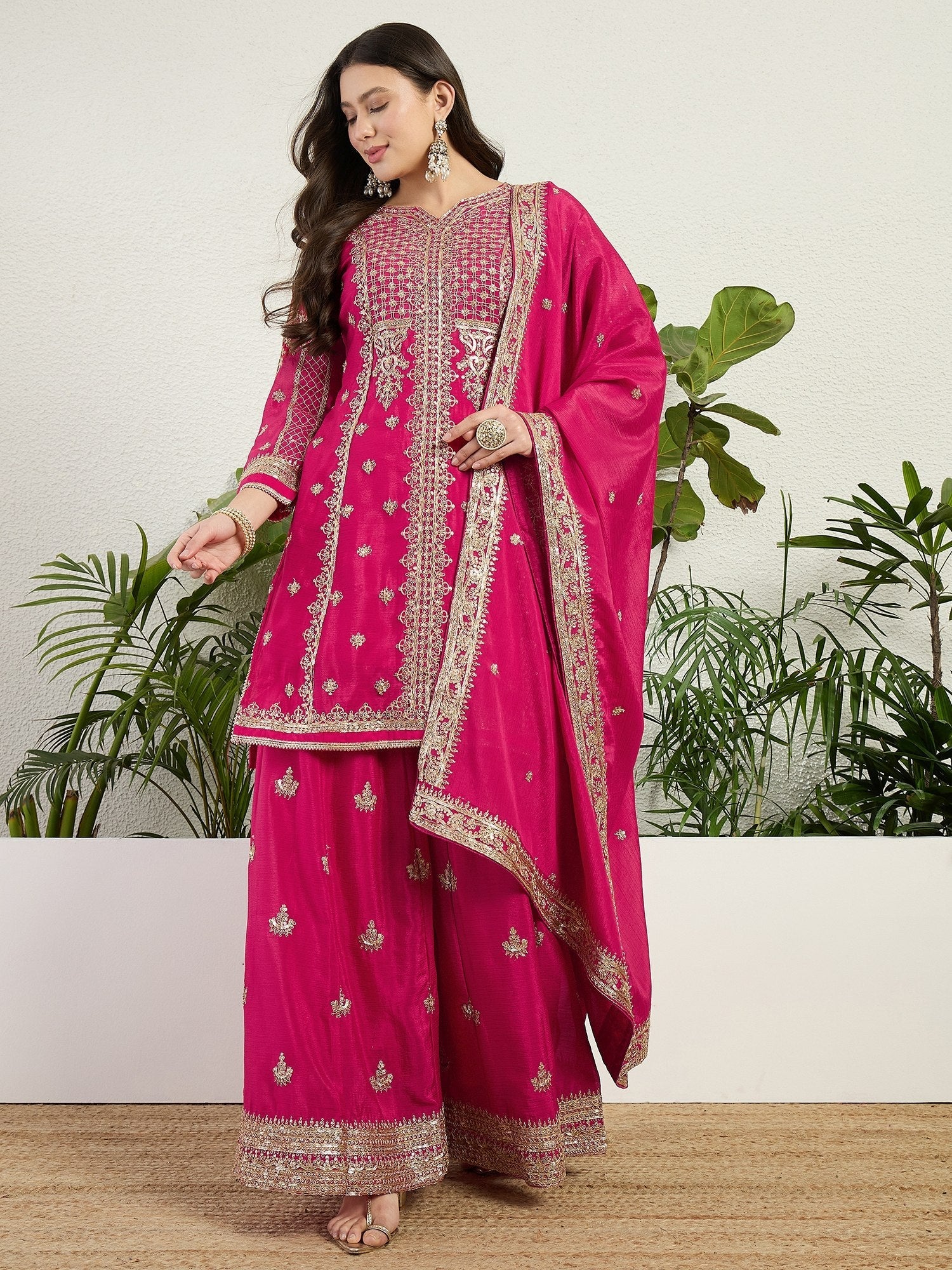 Pink Chinon Kurta Palazzo Set ClothsVilla