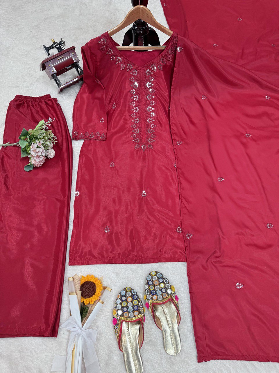 Pink Chinon Silk Thread & Sequin Embroidered Salwar Suit Set with Dupatta ClothsVilla