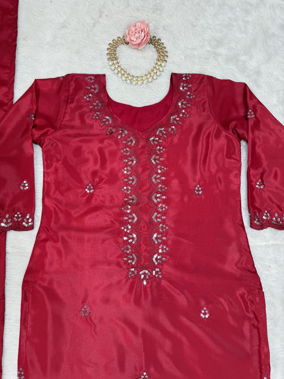 Pink Chinon Silk Thread & Sequin Embroidered Salwar Suit Set with Dupatta ClothsVilla