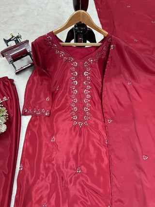 Pink Chinon Silk Thread & Sequin Embroidered Salwar Suit Set with Dupatta ClothsVilla