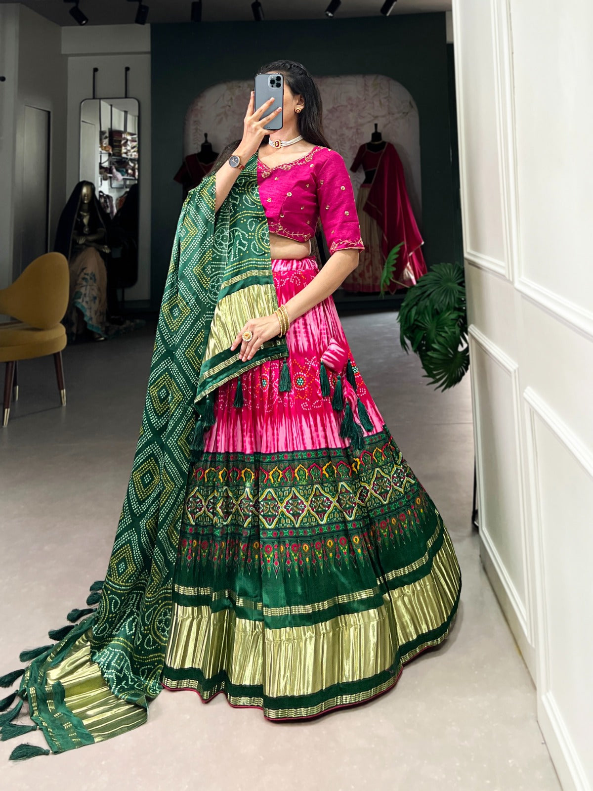 Pink Color Bandhej Digital Print Pure Gaji Silk Chaniya Choli Clothsvilla