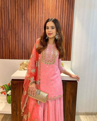 Pink Color Elegant & Embroidered Fox Georgette Sharara Set: Dress to Impress ClothsVilla