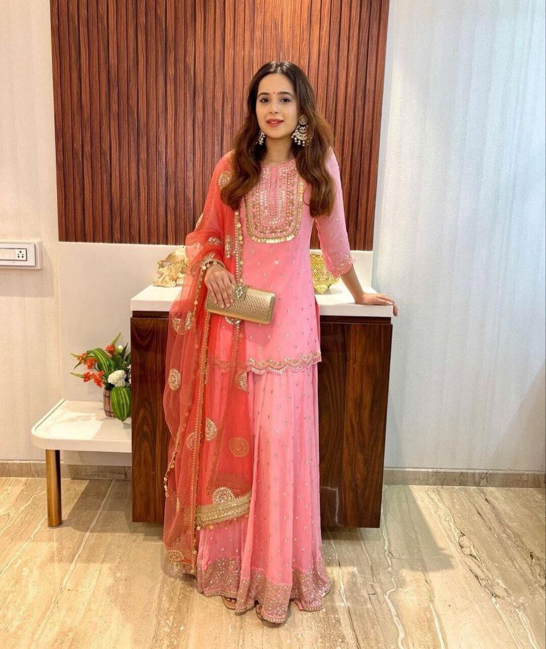 Pink Color Elegant & Embroidered Fox Georgette Sharara Set: Dress to Impress ClothsVilla