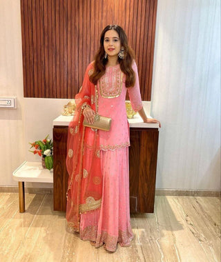 Pink Color Elegant & Embroidered Fox Georgette Sharara Set: Dress to Impress ClothsVilla
