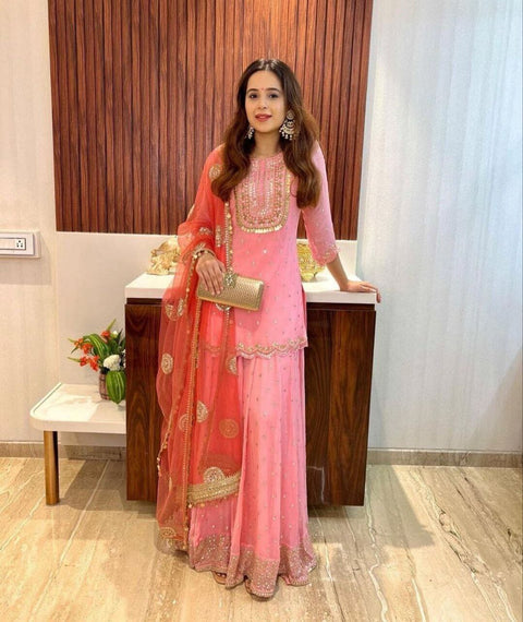 Pink Color Elegant & Embroidered Fox Georgette Sharara Set: Dress to Impress ClothsVilla Main image