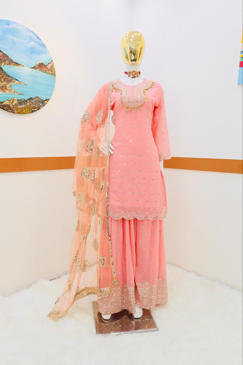 Pink Color Elegant & Embroidered Fox Georgette Sharara Set: Dress to Impress ClothsVilla