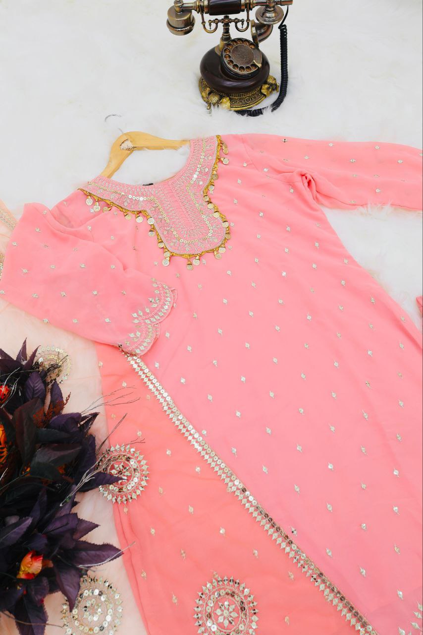 Pink Color Elegant & Embroidered Fox Georgette Sharara Set: Dress to Impress ClothsVilla