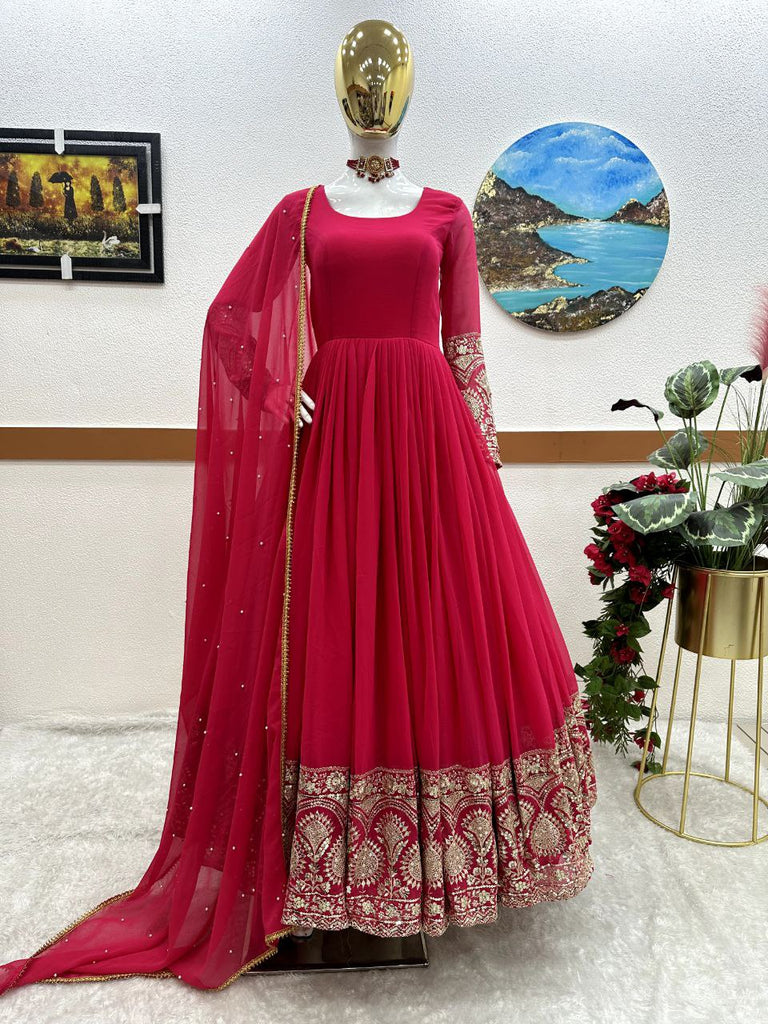 Pink Color Enchanting Fox Georgette Embroidered Gown: Flowing Elegance for Special Occasions ClothsVilla