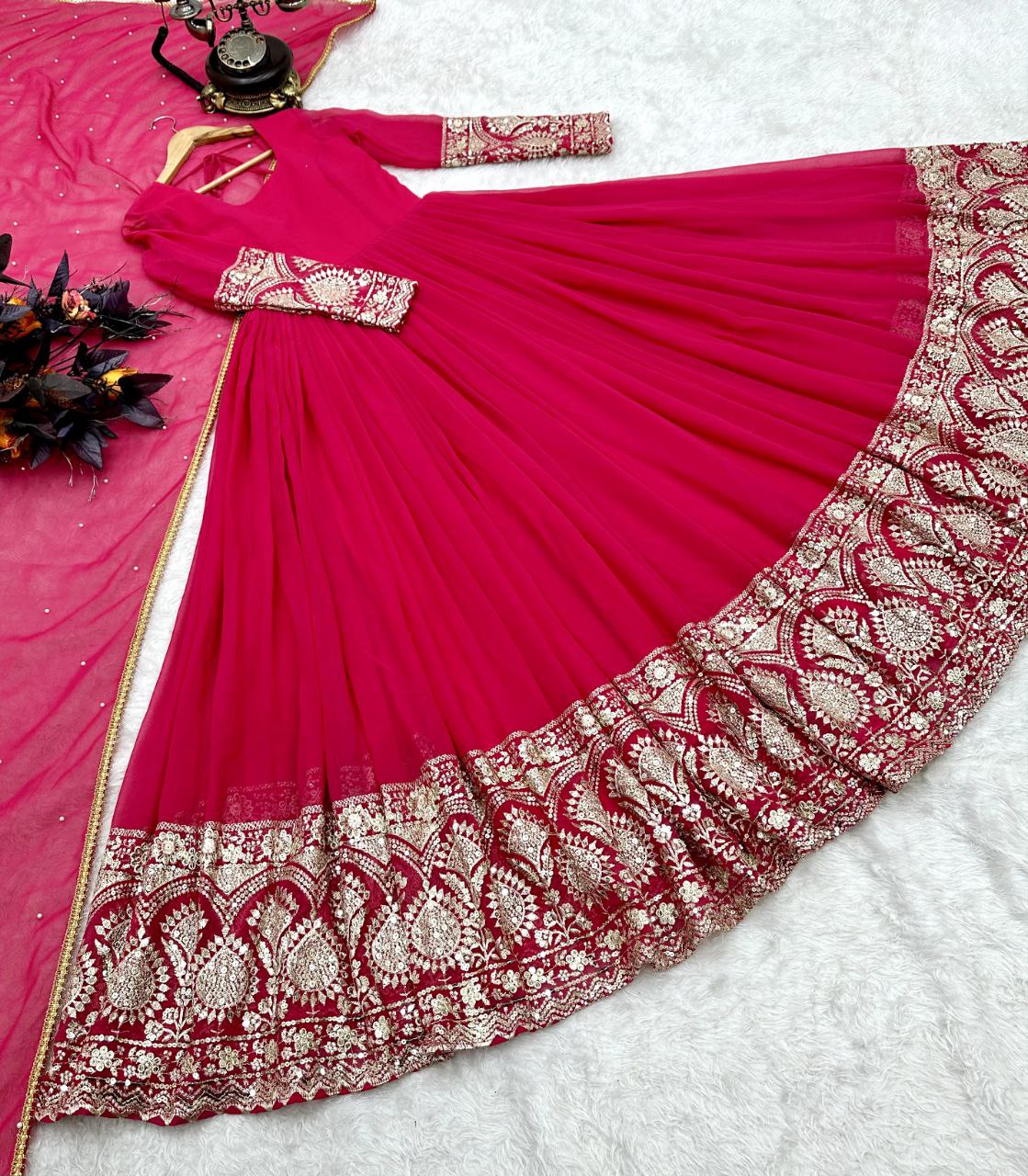 Pink Color Enchanting Fox Georgette Embroidered Gown: Flowing Elegance for Special Occasions ClothsVilla