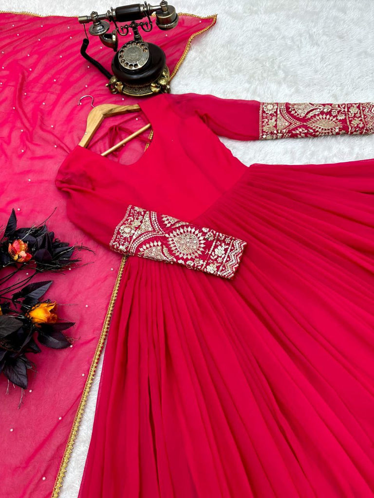 Pink Color Enchanting Fox Georgette Embroidered Gown: Flowing Elegance for Special Occasions ClothsVilla