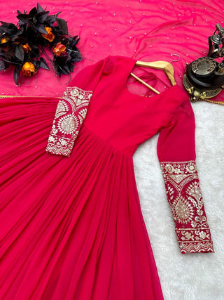 Pink Color Enchanting Fox Georgette Embroidered Gown: Flowing Elegance for Special Occasions ClothsVilla
