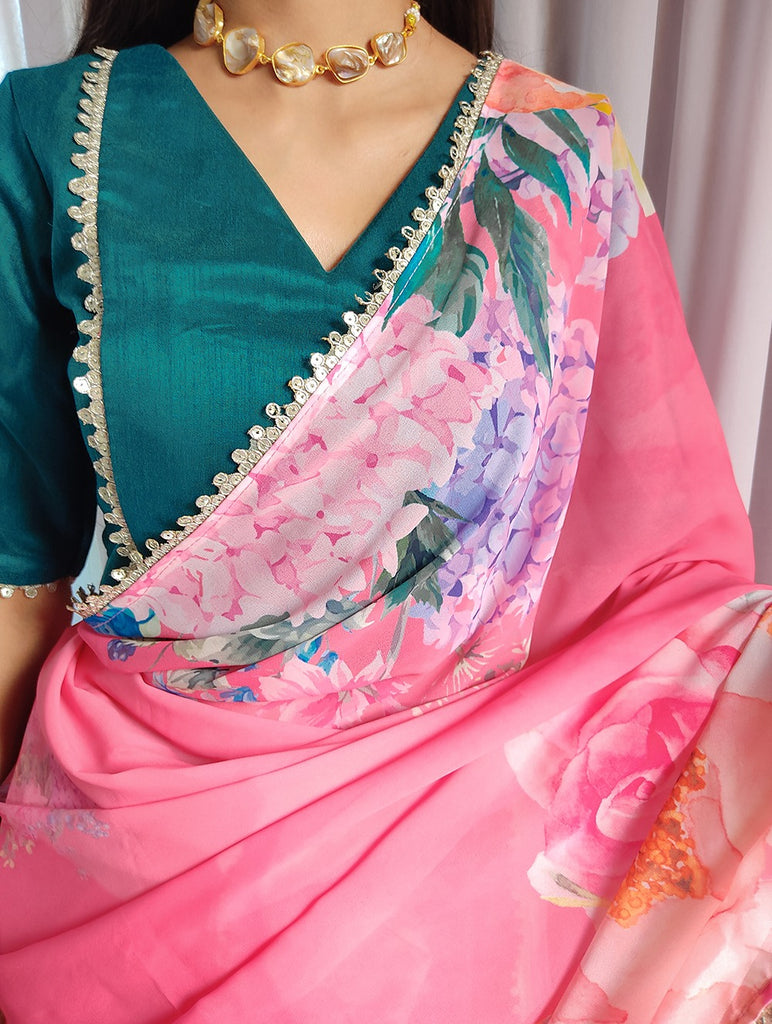 Pink Color Floral Printed Georgette Saree with Sequins and Lace ClothsVilla