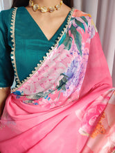 Load image into Gallery viewer, Pink Color Floral Printed Georgette Saree with Sequins and Lace ClothsVilla