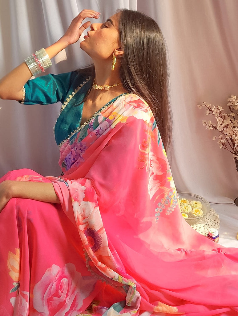 Pink Color Floral Printed Georgette Saree with Sequins and Lace ClothsVilla