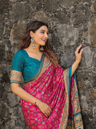 Pink Color Foil Printed And Stone Work Dola Silk Saree Clothsvilla