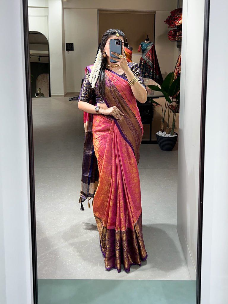 Pink Color Kanjivaram Silk Saree with Exquisite Zari Weaving ClothsVilla