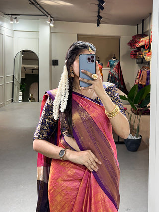 Pink Color Kanjivaram Silk Saree with Exquisite Zari Weaving ClothsVilla