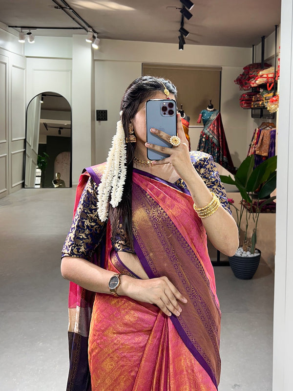 Pink Color Kanjivaram Silk Saree with Exquisite Zari Weaving ClothsVilla