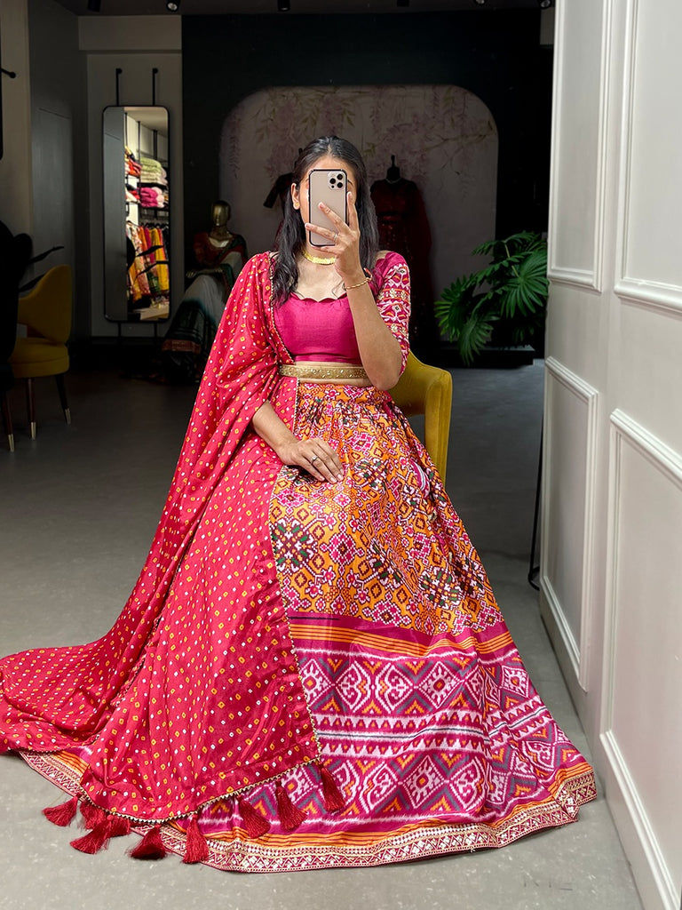 Pink Color Leheriya Patola Print Chinon Lehenga Choli Clothsvilla