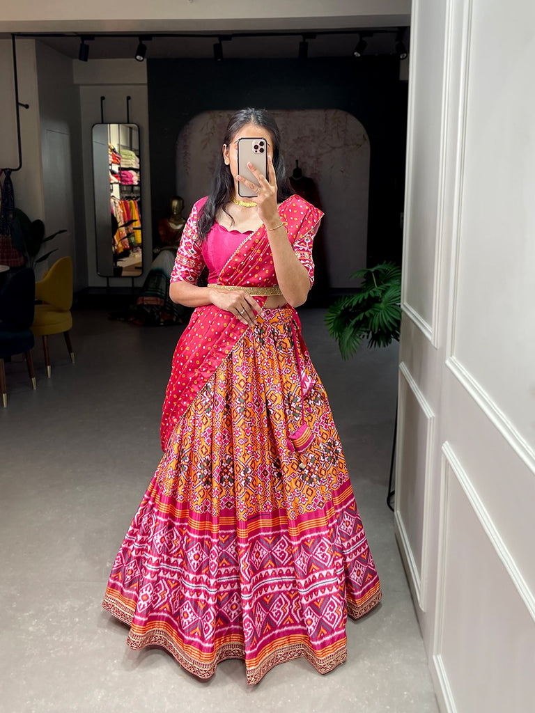 Pink Color Leheriya Patola Print Chinon Lehenga Choli Clothsvilla