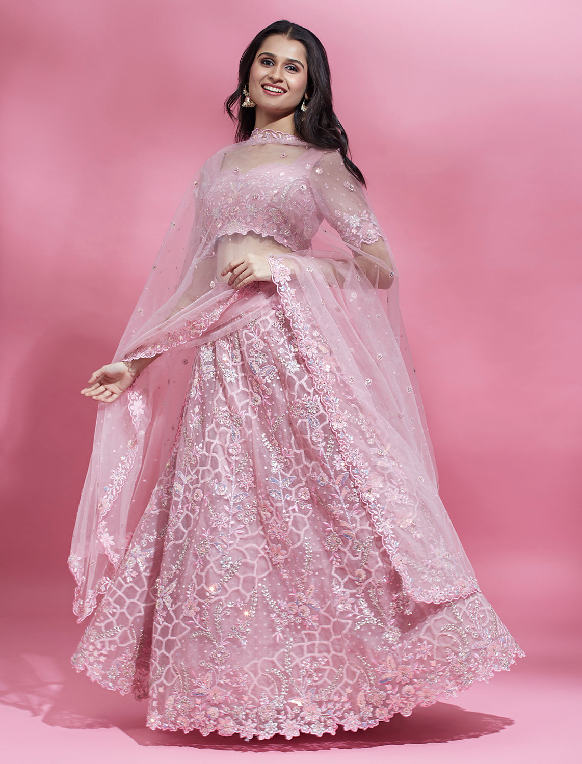 Pink Color Net Sequins Work Semi-Stitched Lehenga ClothsVilla