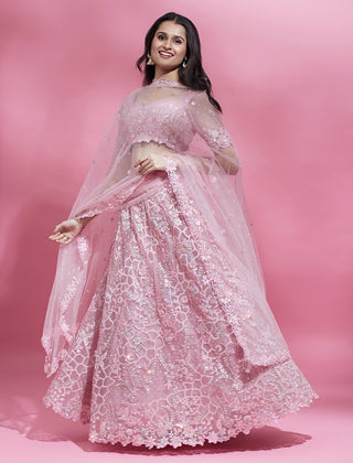 Pink Color Net Sequins Work Semi-Stitched Lehenga ClothsVilla