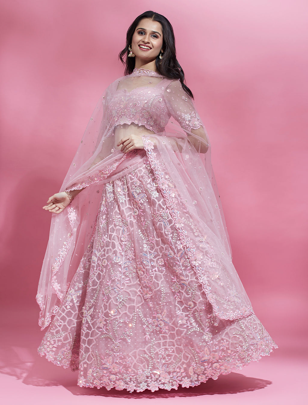 Pink Color Net Sequins Work Semi-Stitched Lehenga ClothsVilla