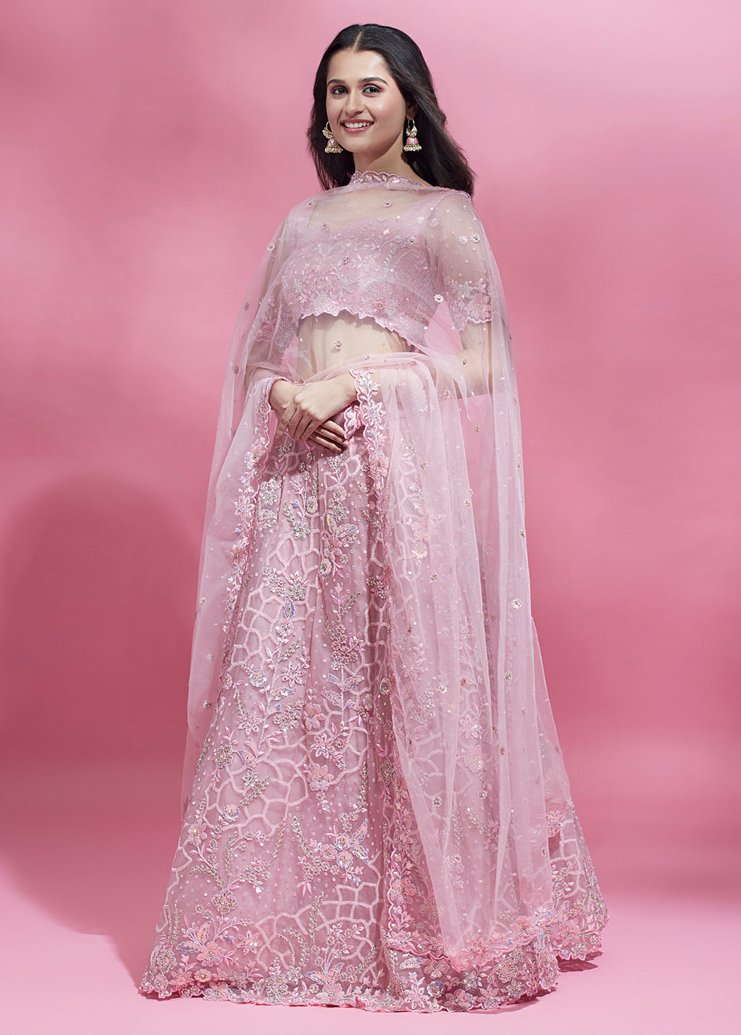 Pink Color Net Sequins Work Semi-Stitched Lehenga ClothsVilla