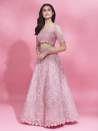 Pink Color Net Sequins Work Semi-Stitched Lehenga ClothsVilla