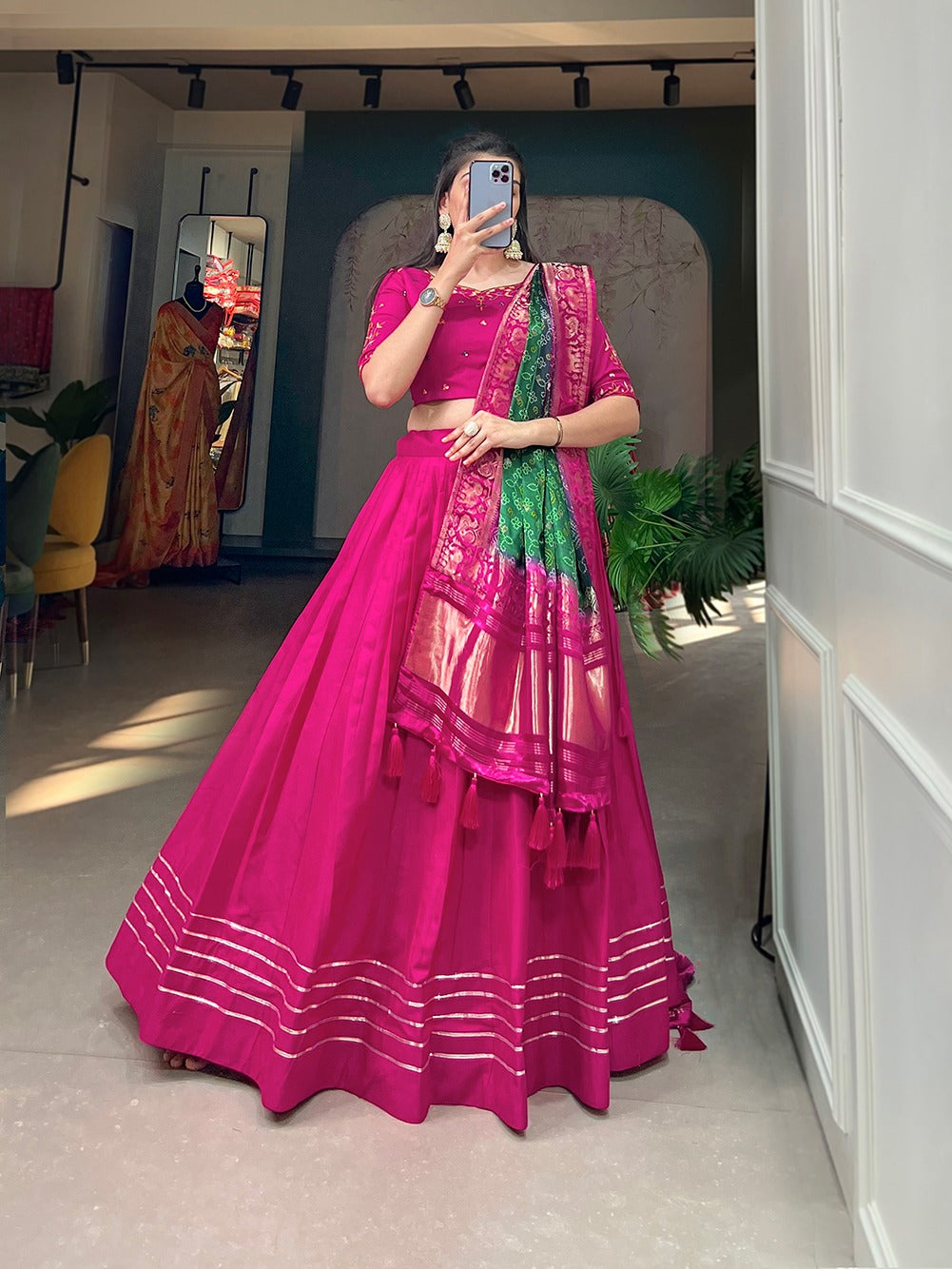 Pink Color Pure Cotton Lehenga & Gaji Silk Dupatta Set with Gota & Mirrorwork ClothsVilla