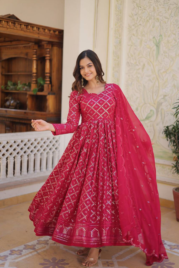 Pink Color Sequined Embroidered Gown with Dupatta Set ClothsVilla